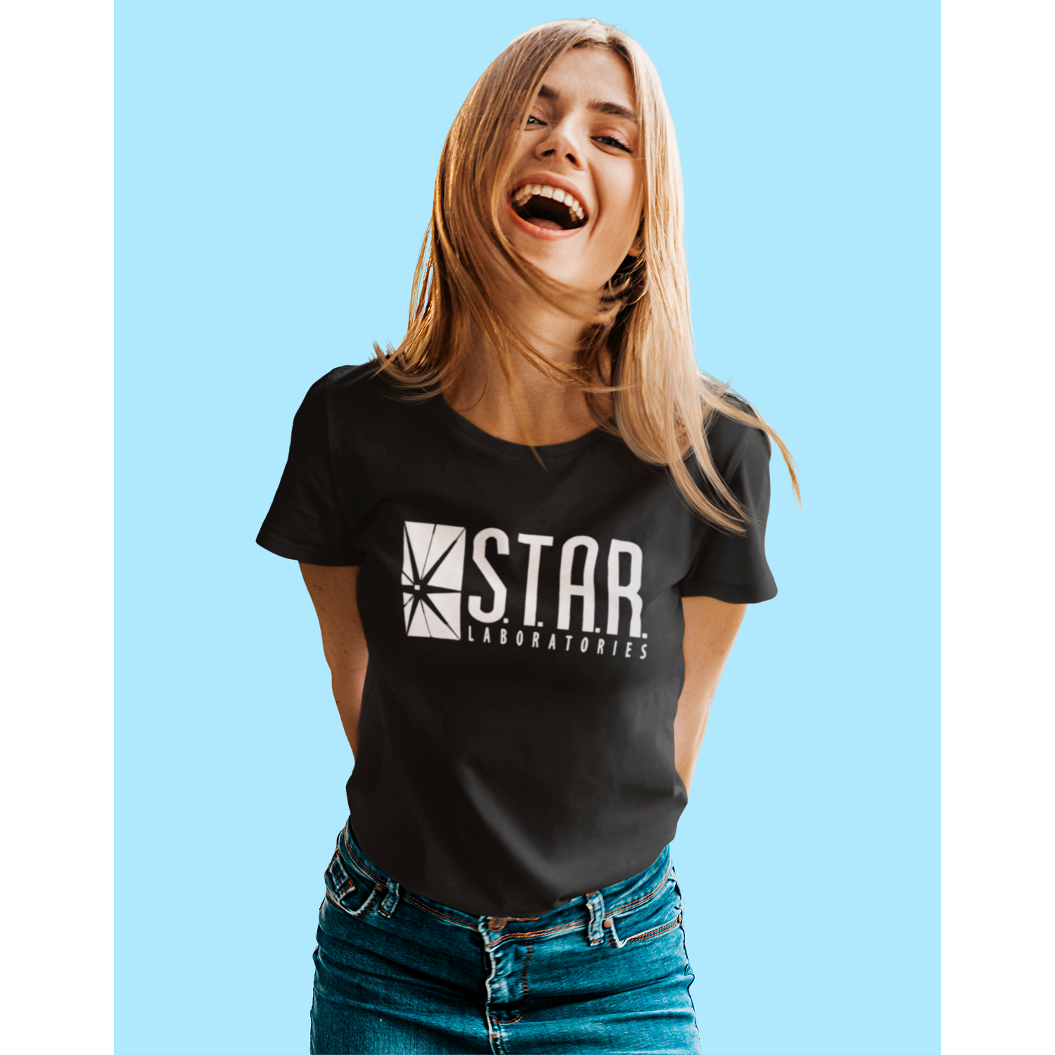Woman wearing Retro tees black short sleeve men's unisex t-shirt featuring Star Laboratories text and logo in white