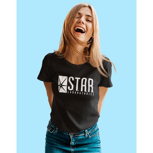 Woman wearing Retro tees black short sleeve t-shirt featuring Star Laboratories text and logo in white